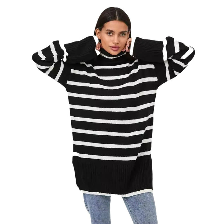 Damen gestrickter Rollkragenpullover mit modernem Streifenmuster und weitem Schnitt Drune