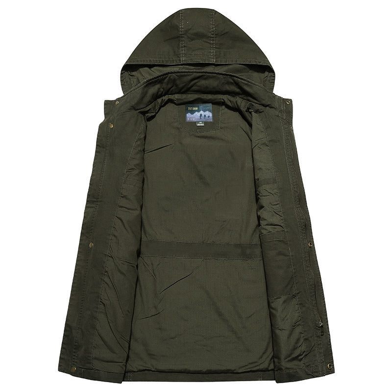 Herren Feldjacke im Utility Stil mit Kapuze Canvas Außenmaterial und Mehrfachtaschen Drune