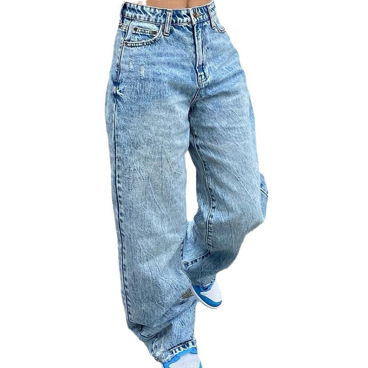 Damen nan weite High-Waist Baggy-Jeans mit tiefem Schritt, Five-Pocket Design und extra-langen Beinen Drune