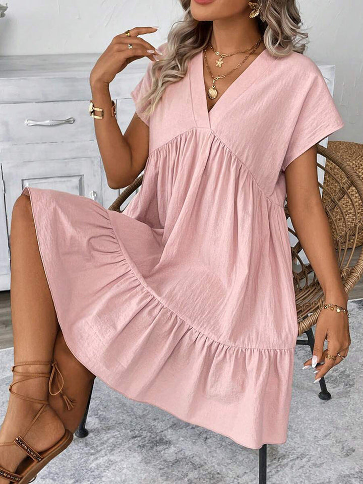 Damen kurzes Sommerkleid mit tiefem V-Ausschnitt und Rüschensaum Drune