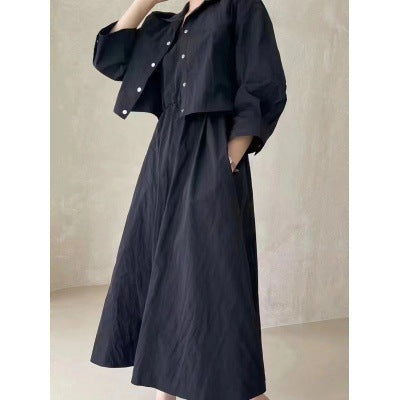 Damen Boxy-Cropped-Hemdjacke und High‑Waist A‑Linien‑Midirock Set aus Crinkle‑Baumwollmix Drune