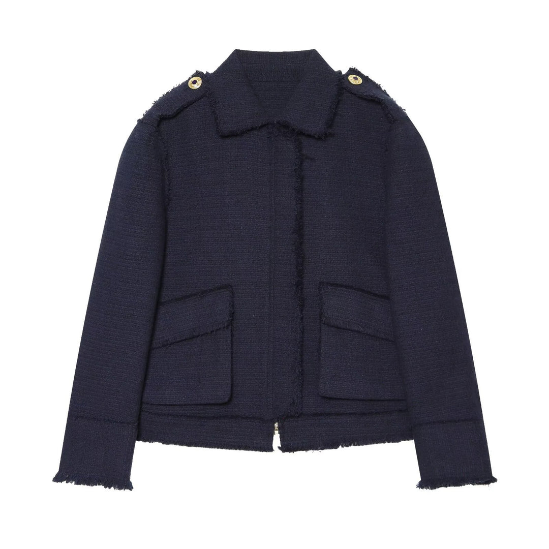Damen Bouclé‑Tweed Kurzjacke mit Fransenbesatz, Schulterpatten und aufgesetzten Taschen Drune