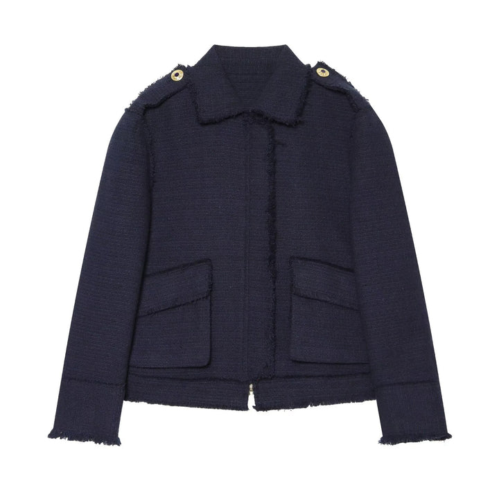 Damen Bouclé‑Tweed Kurzjacke mit Fransenbesatz, Schulterpatten und aufgesetzten Taschen Drune