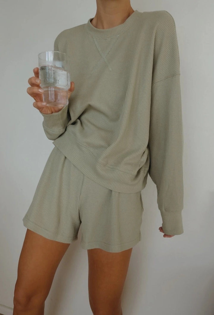 Damen Casual Oversized Sweatshirt und Shorts Set Drune