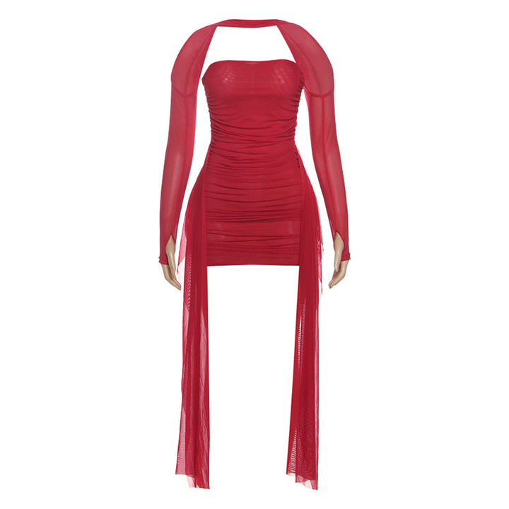 Damen Elegantes Minikleid mit raffinierten Rüschen und transparenten Ärmeln Drune