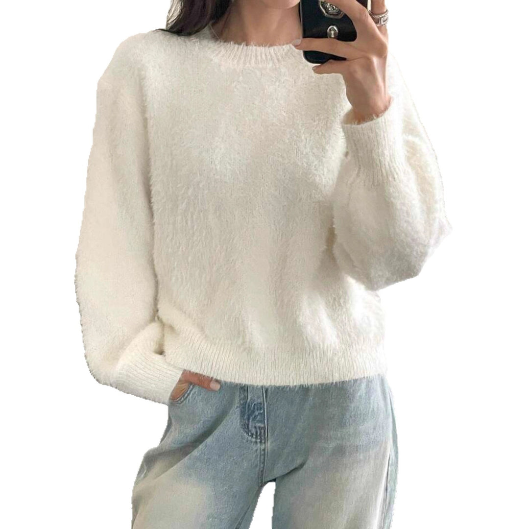 Damen Kurzgeschnitteter Flauschpullover mit Ballonärmeln und Rundhalsausschnitt Drune