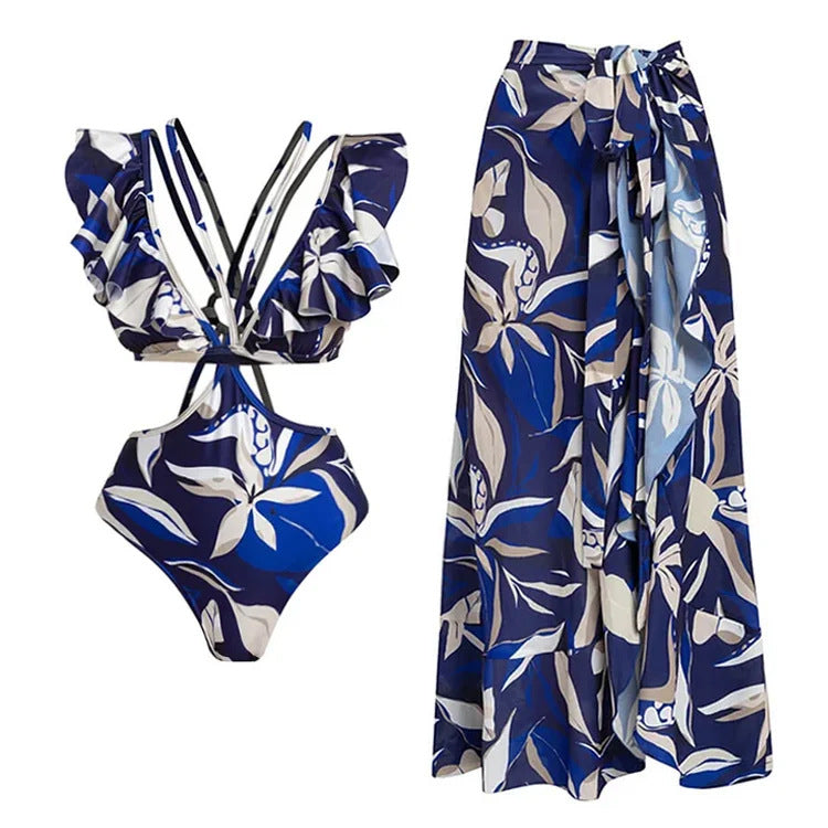Damen Bikiniset mit Puffärmeln und elegantem Wickelrock Drune