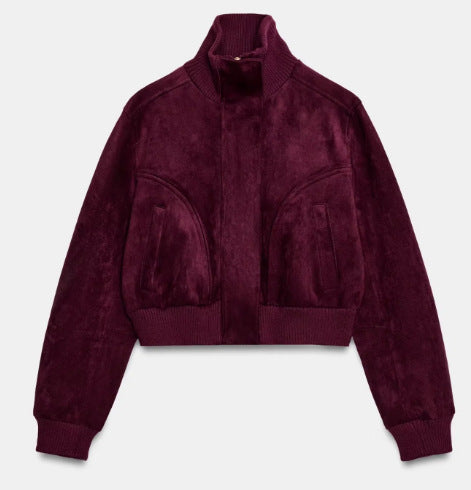 Damen Kurze Veloursleder-Bomberjacke mit hohem Rippenkragen, elastischem Saum und Eingrifftaschen Drune