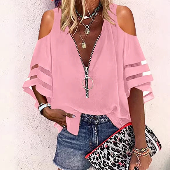 Damen V‑Ausschnitt Bluse mit dekorativem Ringreißverschluss und Cut-Out-Ärmeln Drune