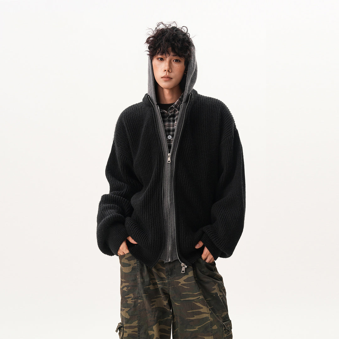 Herren Oversized Strickjacke mit Kapuze und Reißverschluss Drune