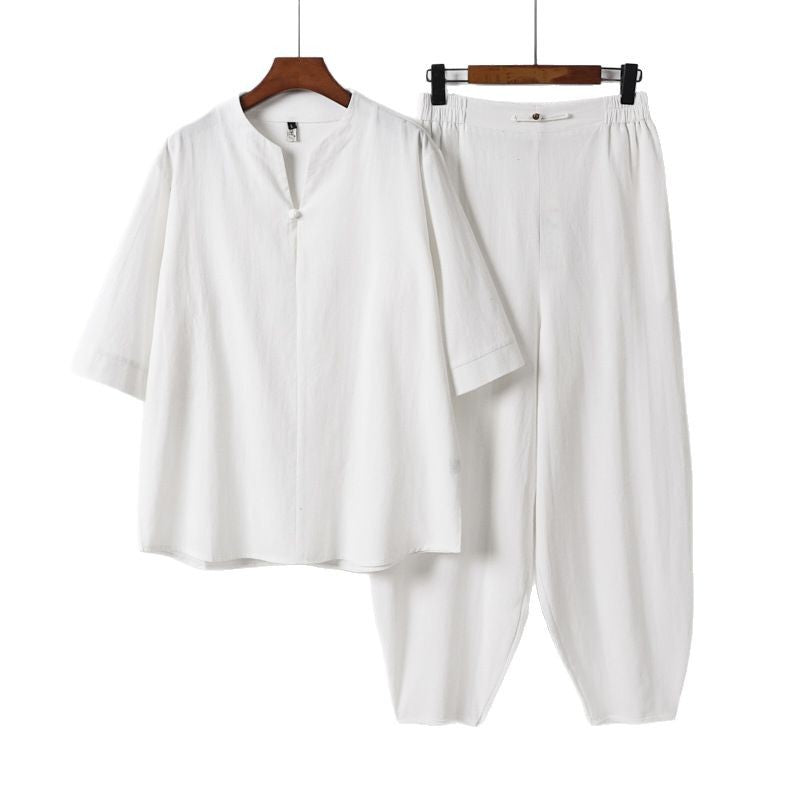 Herren Zweiteiliges Leichtes Leinen-Baumwoll-Set mit Mandarin-Kragen und elastischer Bundhose Drune