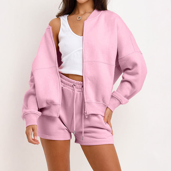 Damen nan zweiteiliges Sweat-Set mit oversized Reißverschluss-Jacke und elastischer Highwaist-Shorts Drune