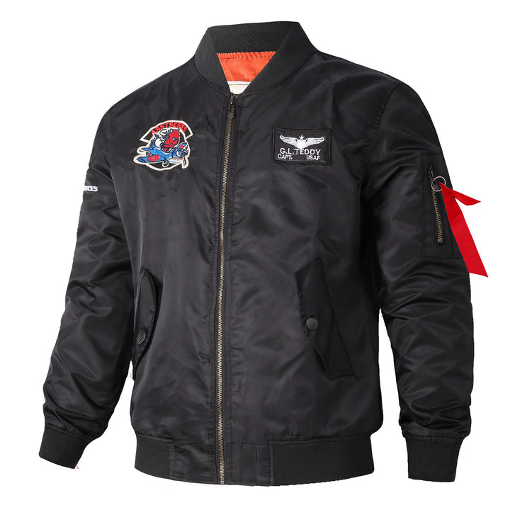 Men's  retro pilot-inspired flight jacket with embroidered crest, sleeve zipper utility pocket and contrast quilted lining Drune