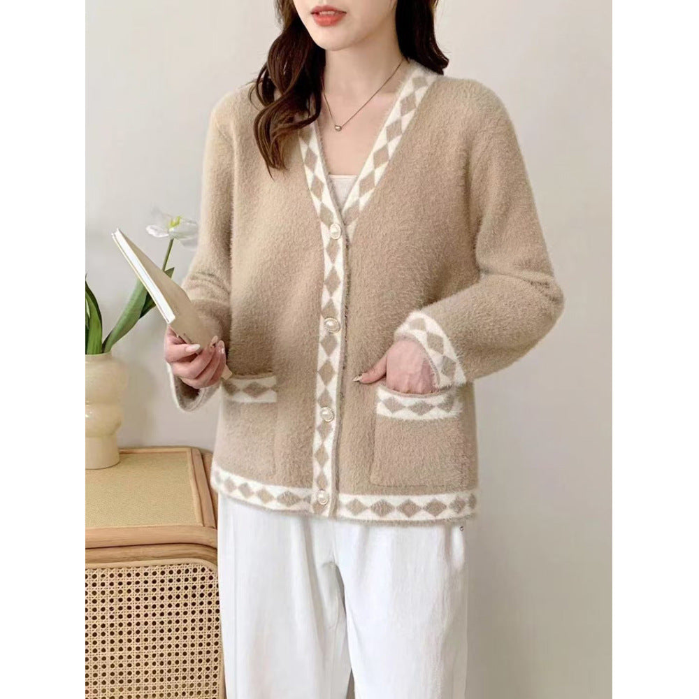 Damen Flauschige Strickjacke mit Dekorativem Muster Drune