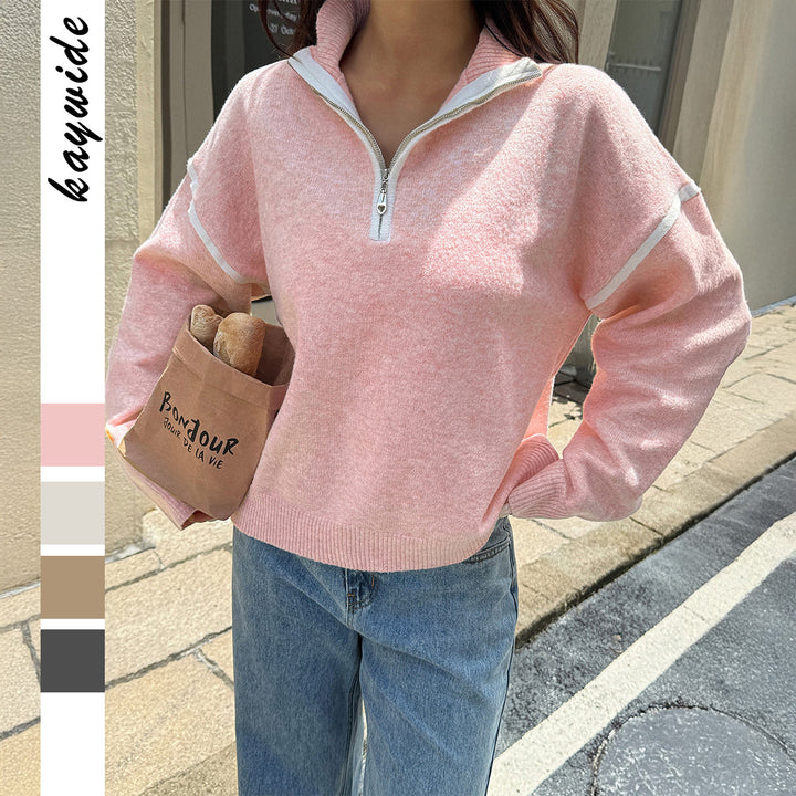 Damen nan oversized Strickpullover mit halbem Reißverschluss, Kontrastpaspeln und überschnittener Schulter Drune