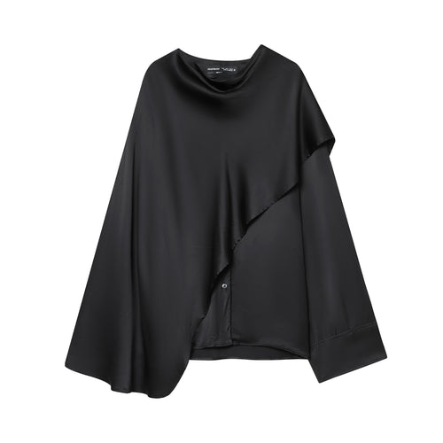 Damen nan asymmetrische Satin-Bluse mit Cascading-Volant und Rundhals Drune