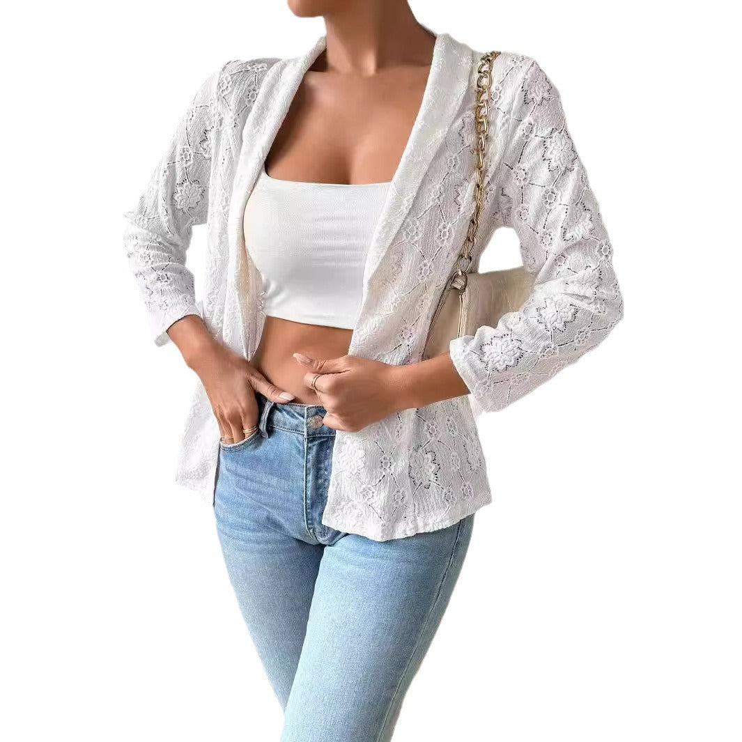 Damen nan transparenter Spitzenblazer mit Schalkragen und dreiviertellangen Ärmeln Drune