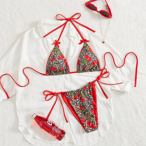 Damen Triangel-Bikini mit floralem Kirschmuster und verspielten Details Drune