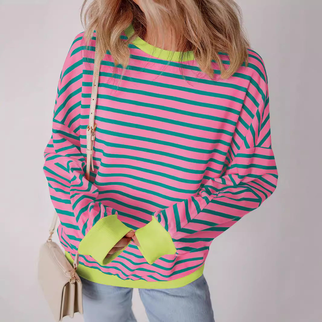Damen lässiges gestreiftes Sweatshirt mit Boxy-Schnitt und kontrastierenden Abschlüssen Drune