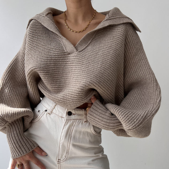 Damen kurzes geripptes Strickpullover mit weitem Matrosenkragen und Ballonärmeln Drune