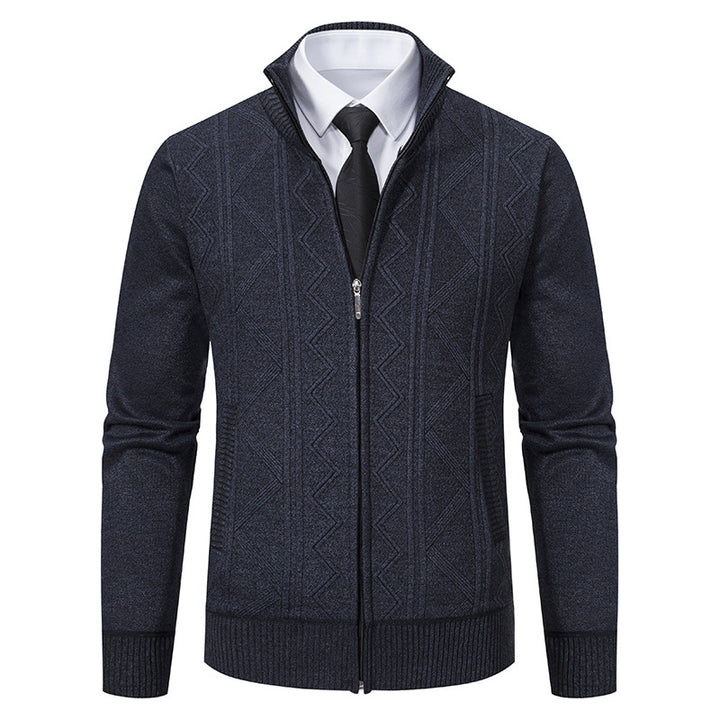 Herren Strukturiertes Feinstrick-Zipcardigan mit Stehkragen und geometrischem Zopfmuster Drune