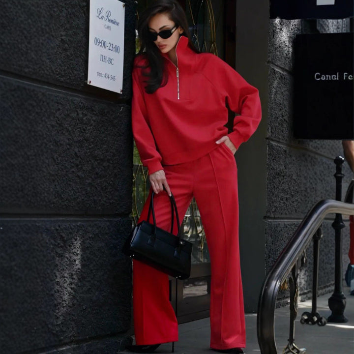 Damen Oversize-Halbreißverschluss-Sweatshirt mit weit geschnittener hochgeschnittener Palazzo-Hose Drune