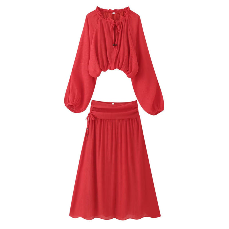 Damen Zweiteiliges Boho-Set mit verkürzter Rüschenbluse, Ballonärmeln und hochtailliertem Maxirock Drune