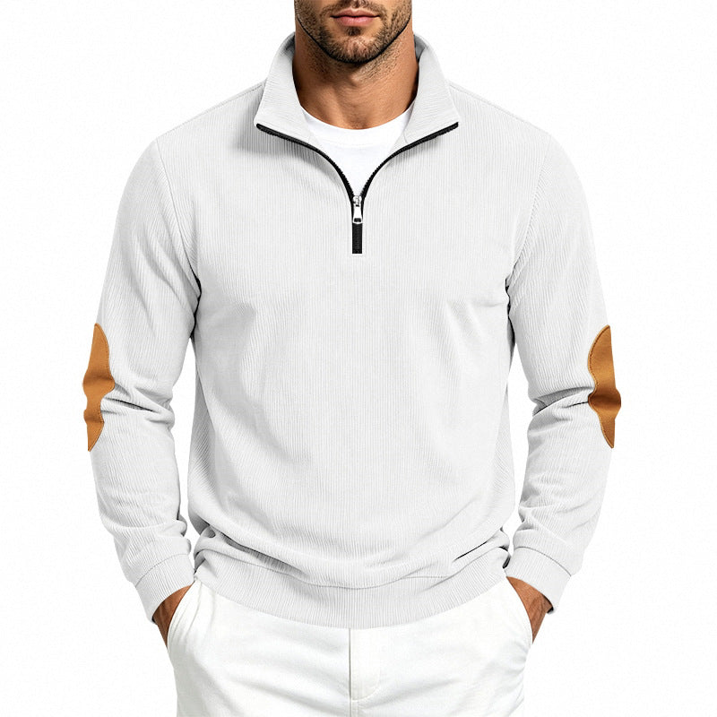 Herren Leichter Struktur-Halbzip-Pullover mit Cord‑Ellbogenpatches und Stehkragen Drune