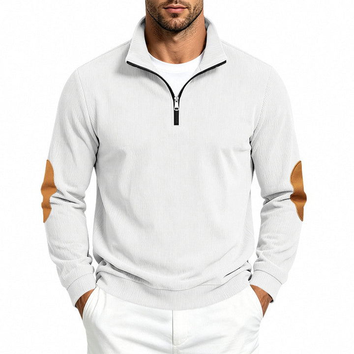 Herren Leichter Struktur-Halbzip-Pullover mit Cord‑Ellbogenpatches und Stehkragen Drune