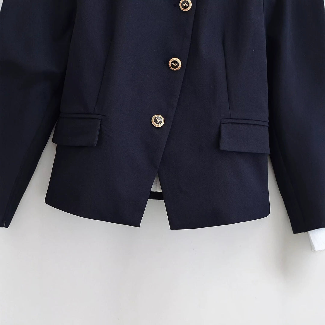 Damen Elegante taillierte Kurzjacke im Marine-Stil mit Stehkragen, Zierknopfleiste und Pattentaschen Drune