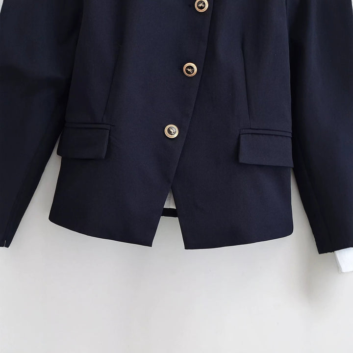 Damen Elegante taillierte Kurzjacke im Marine-Stil mit Stehkragen, Zierknopfleiste und Pattentaschen Drune