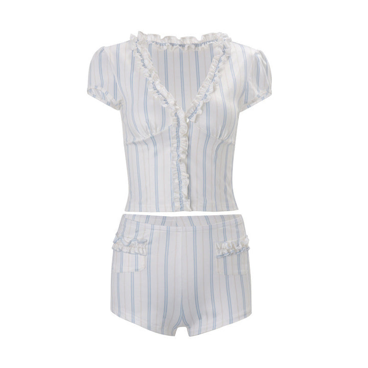 Damen modisches Strickset mit Rüschendetails und gestreiftem Muster Drune