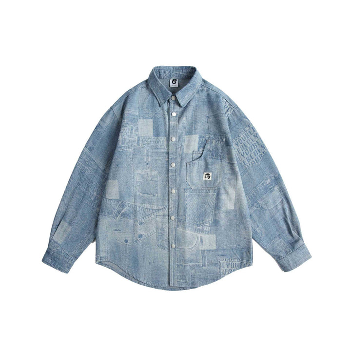 Unisex Oversize-Denim-Hemdjacke mit Patchwork-Print und Druckknopfblende Drune