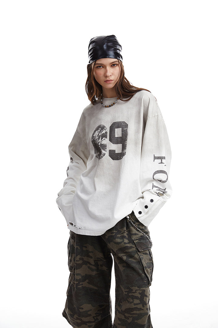 Herren Oversize-Longsleeve-Sweatshirt mit Print, verlängerten Manschetten und Used-Details Drune