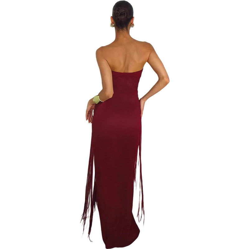 Damen Elegantes Maxi-Kleid mit Fransen und tiefem Ausschnitt Drune