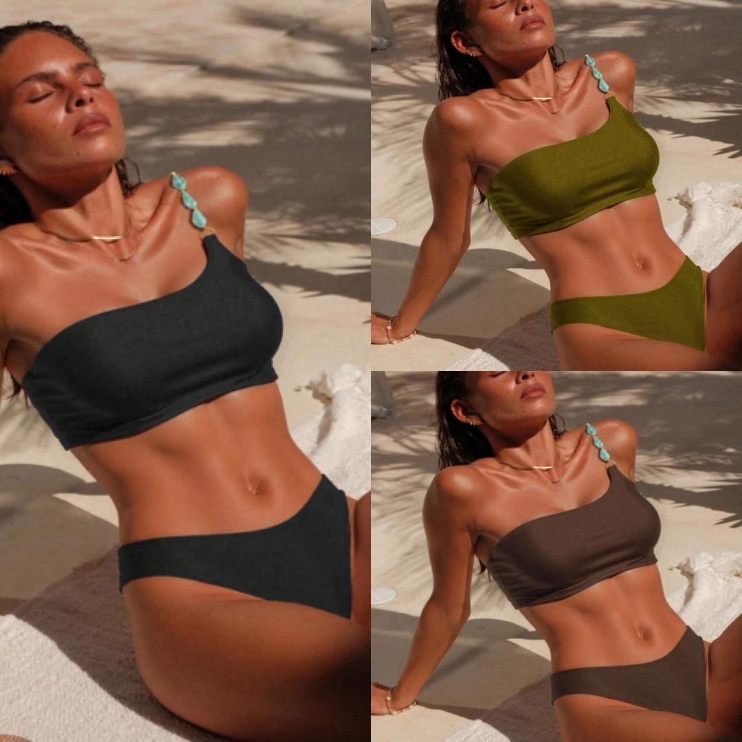 Damen One-Shoulder-Bikini-Set mit modischem Schmuckdetail Drune