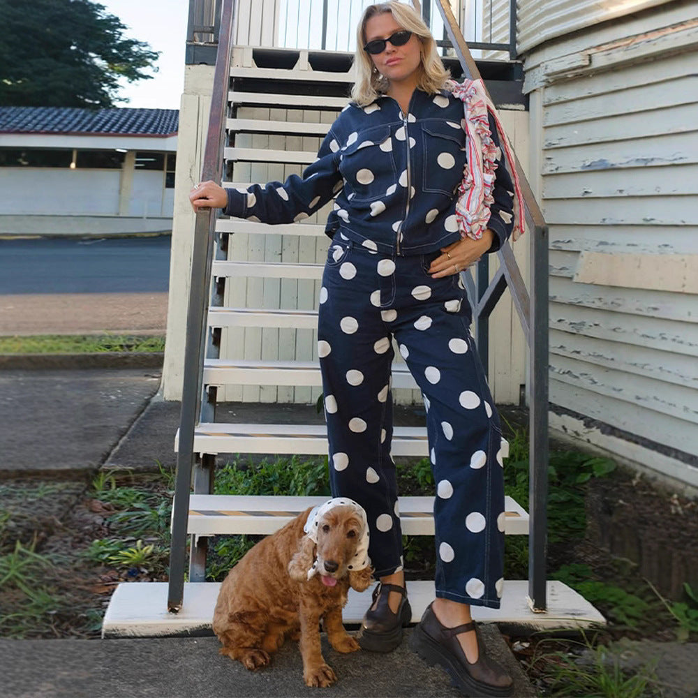 Damen weite Cargo-Hose mit hoher Taille, Punkteprint und sichtbaren Kontrastnähten Drune