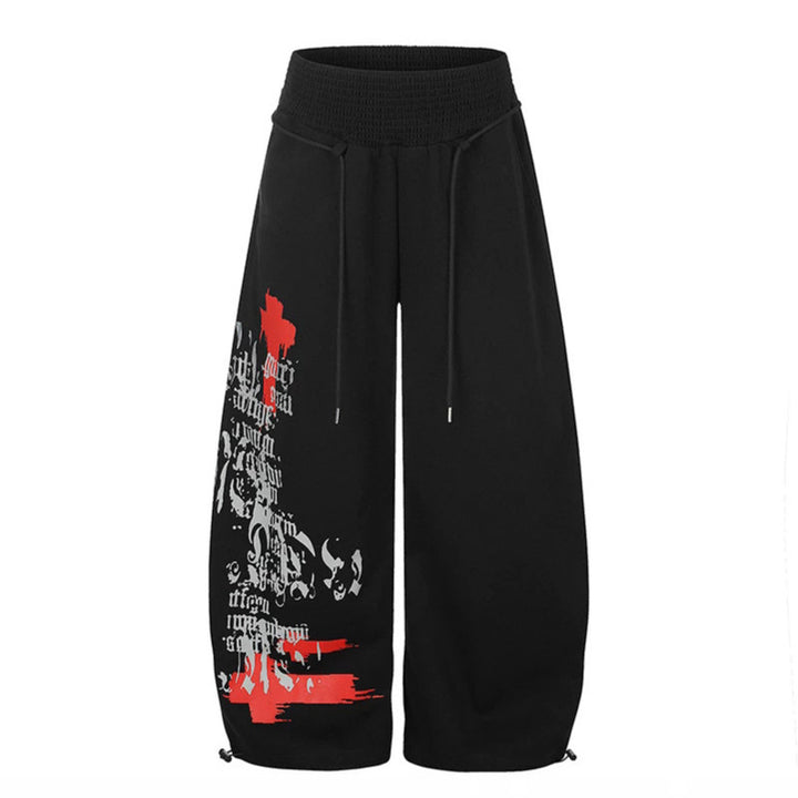 Damen Extraweite Balloon-Palazzo-Sweathose mit geripptem Komfortbund, Kordelzug und typografischem Gothic-Print Drune