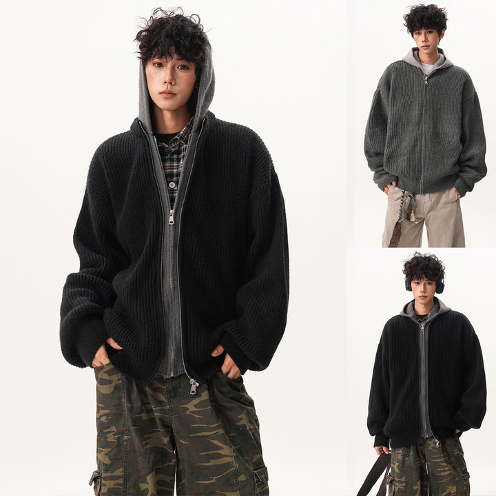 Herren Oversized Strickjacke mit Kapuze und Reißverschluss Drune