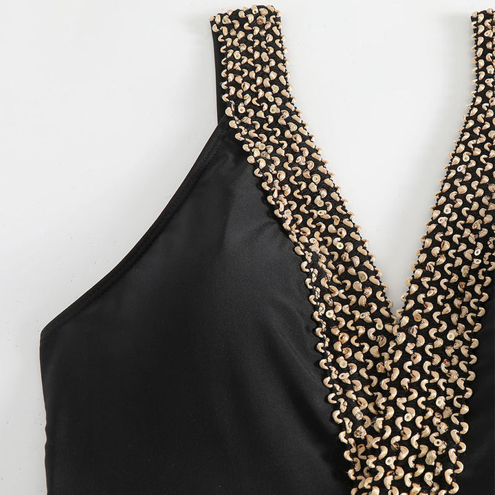 Damen Einteiler Badeanzug mit elegantem V-Ausschnitt und goldenen Details Drune