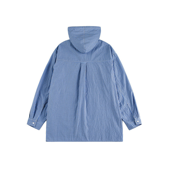 Unisex Kapuzen-Overshirt im karierten Longline-Schnitt mit Pattentaschen und Druckknopfleiste Drune
