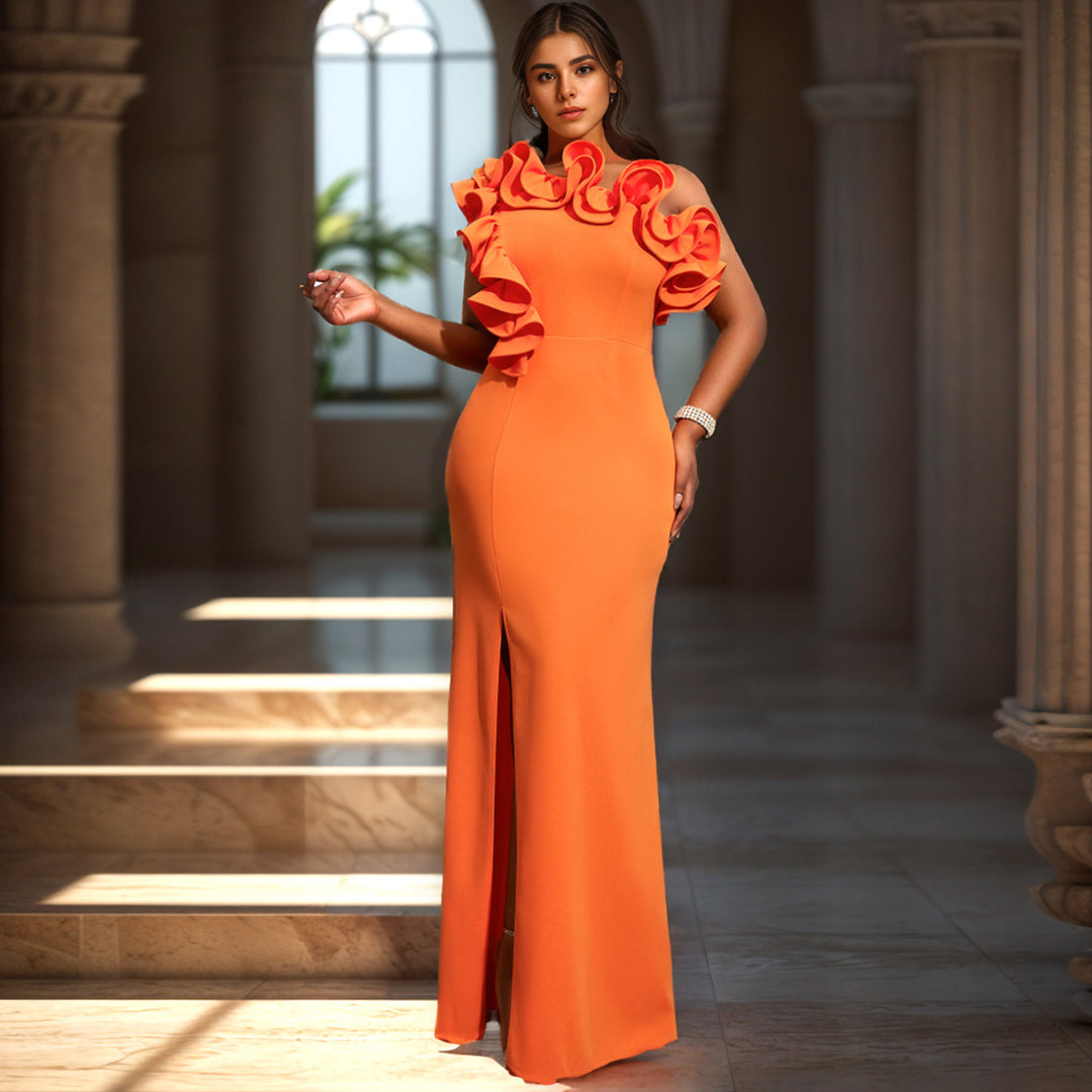 Damen Elegantes Maxikleid mit asymmetrischen Rüschen und Schlitz Drune