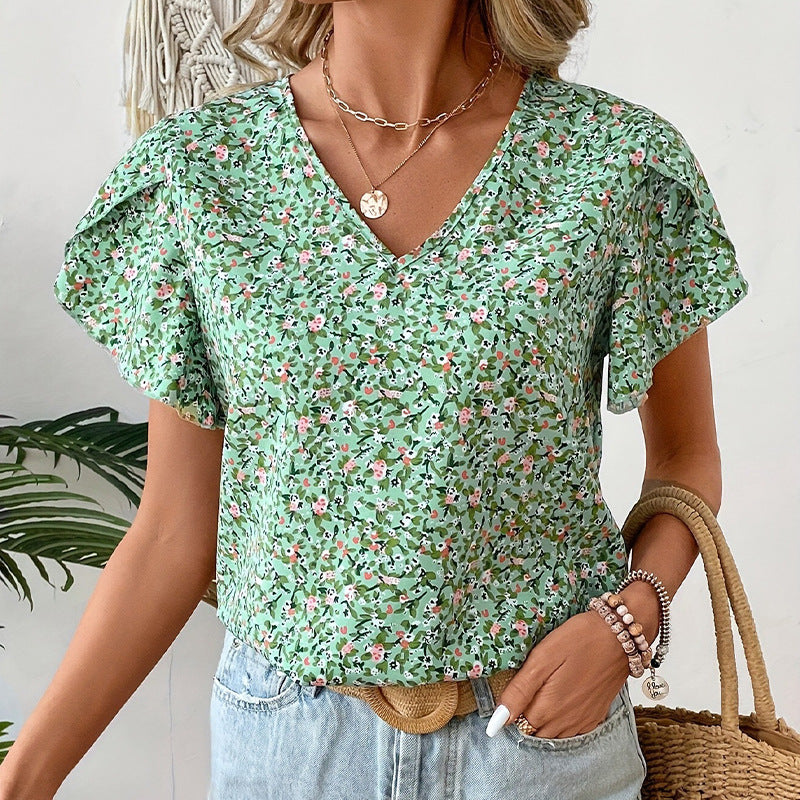 Damen V-Ausschnitt Bluse mit floralem Muster und Rüschendetails Drune
