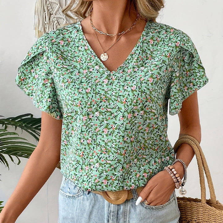 Damen V-Ausschnitt Bluse mit floralem Muster und Rüschendetails Drune