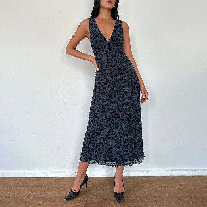 Damen Maxikleid mit floralem Spitzenmuster und tiefem V-Ausschnitt Drune
