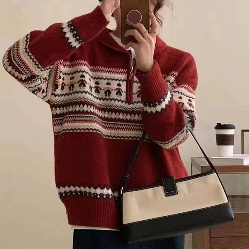 Damen Grobstrickpullover mit hohem Kragen und dekorativem Norweger-Muster Drune