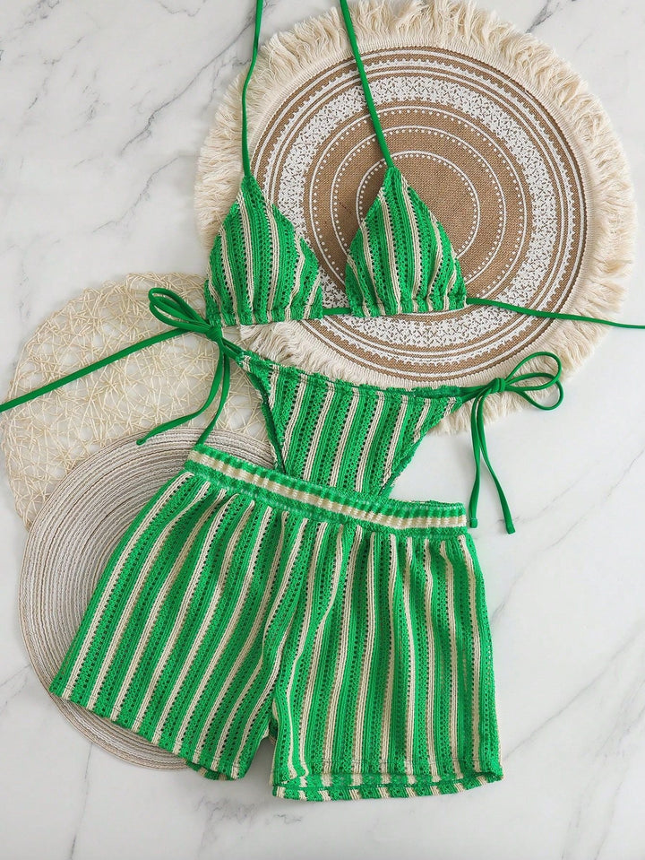 Damen Bikini-Set mit gerafftem Oberteil und hoch taillierten Shorts Drune