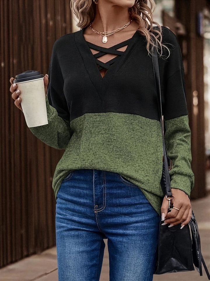 Damen lässiger Pullover mit V-Ausschnitt und Cut-Out-Details Drune