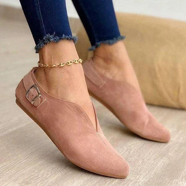 Damen Flache Slipper-Ballerina mit spitz zulaufender Vorderkappe, V‑Ausschnitt und Zierschnalle Drune