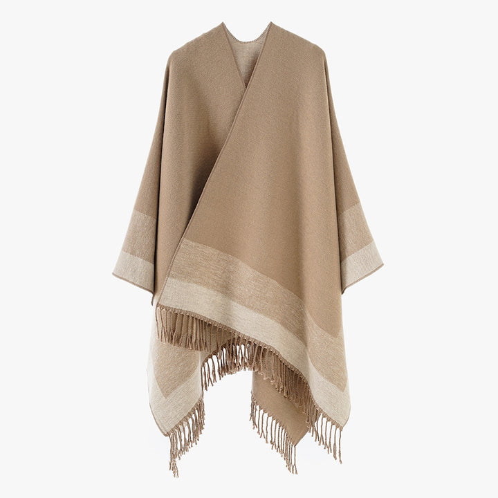 Damen Wollmix-Capeponcho mit kontrastierter Kante, großem Oversize-Fall und Fransensaum Drune